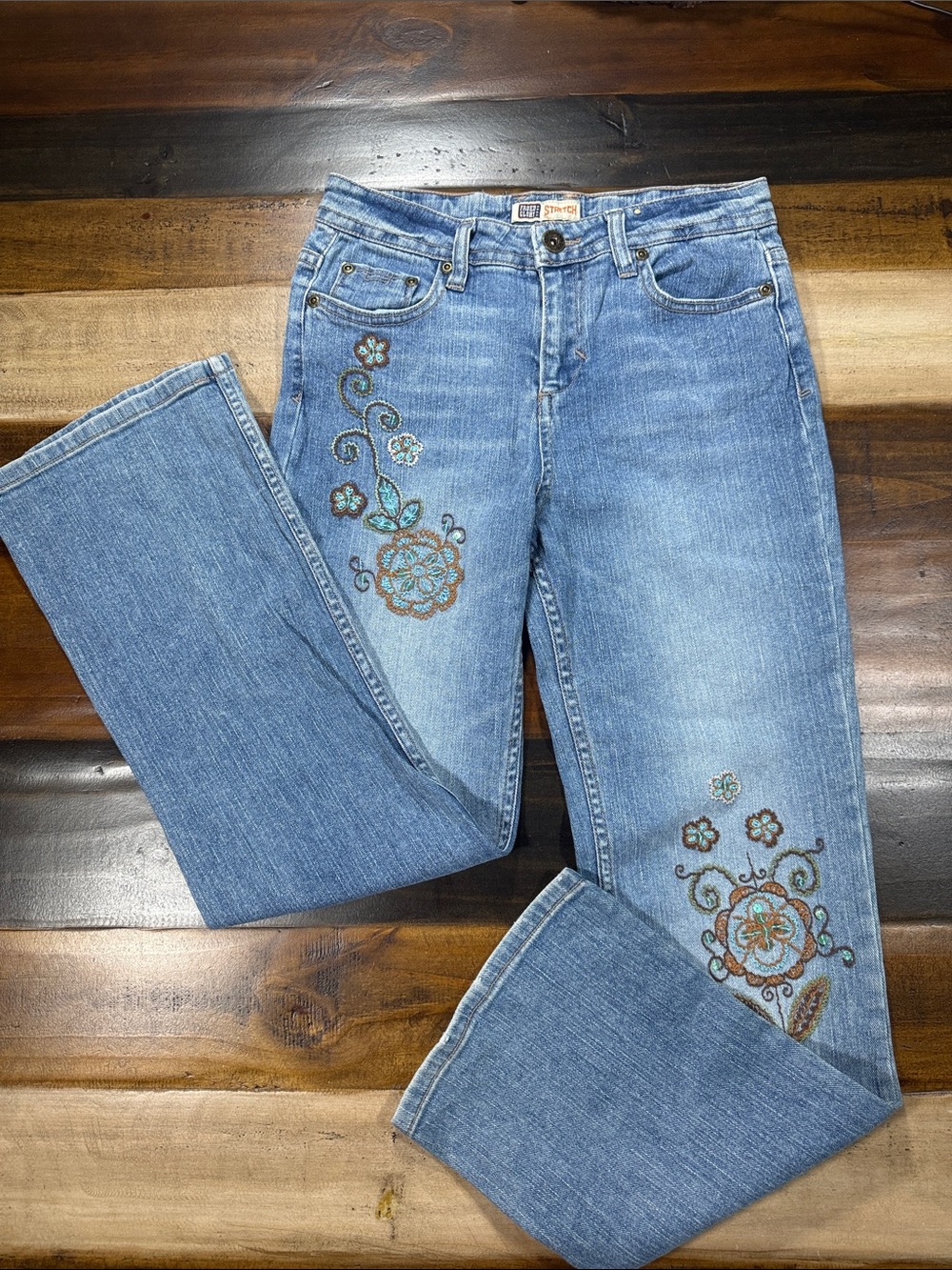 Faded Glory Light Blue Boot Cut Jeans with Floral Embroidery